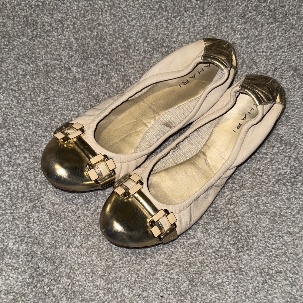 Tahari Metallic Gold and Cream Flats